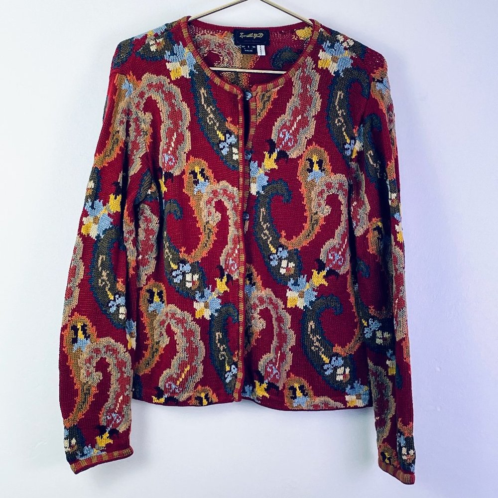 Invisible World 100% Pima Cotton Colorful Paisley Cardigan Sweater Size: L